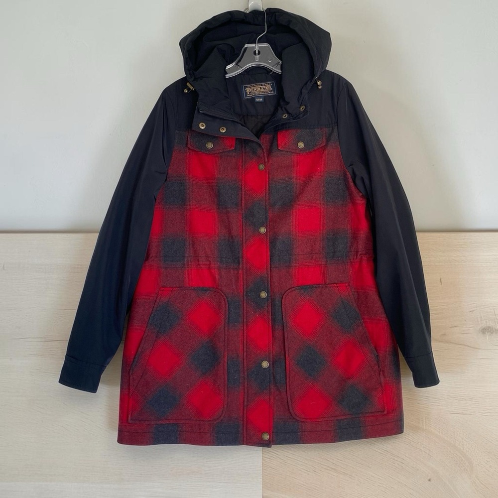 Pendleton Women M Hooded Coat Jacket Hayden Red Buffalo Plaid Wool Americana